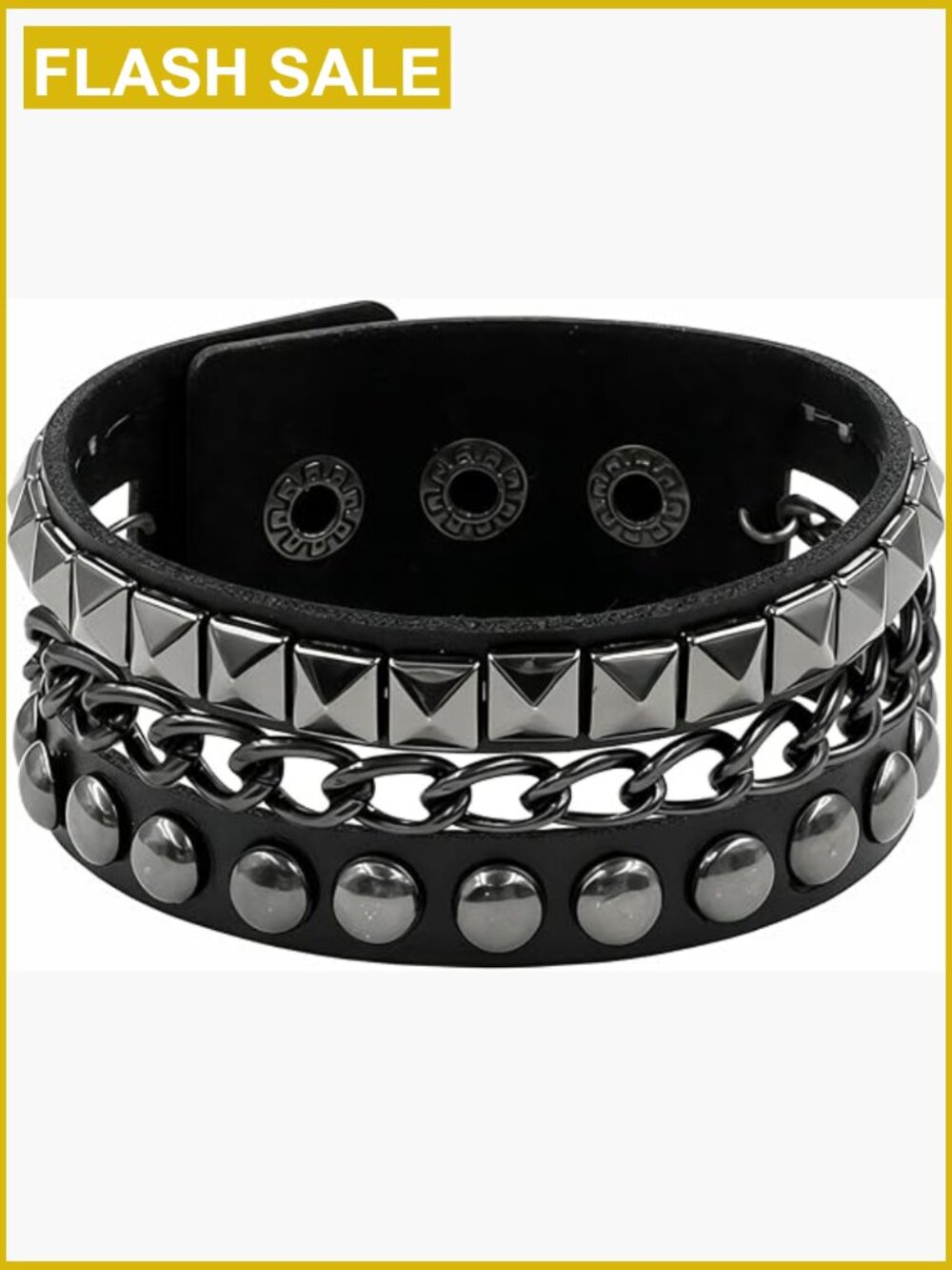 Punk Studded Faux Leather Cuff Bracelet with Chain Wide Wrap